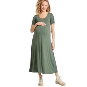 NEW The Nines by Hatch Maternity Dress Maxi Rayon Ruched Sleev Olive Green Sz XS